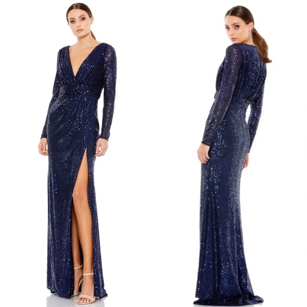 NWT Mac Duggal Ieena Long Sleeve Sequin Gown Midnight Blue 26490 - Picture 1 of 8
